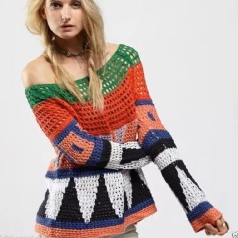 Free People Modern Art Geo Knit Off Shoulder Sweater Women's Size M Multicolor